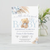 Blauwe teddybeer babyshower uitnodiging (Staand voorkant)