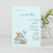 Blauwe teddybeer babyshower uitnodiging (Staand voorkant)