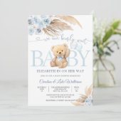 Blauwe teddybeer babyshower uitnodiging (Staand voorkant)