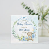 Blauwe teddybeer babyshower uitnodiging (Staand voorkant)