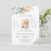 Blauwe teddybeer babyshower uitnodiging (Staand voorkant)