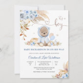 Blauwe teddybeer babyshower uitnodiging (Voorkant)