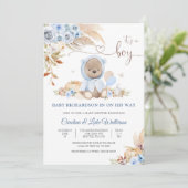 Blauwe teddybeer babyshower uitnodiging (Staand voorkant)