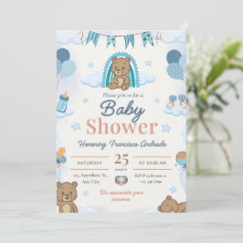 Blauwe teddybeer babyshower uitnodigingen. kaart