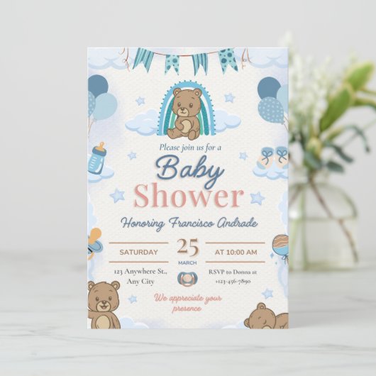 Blauwe teddybeer babyshower uitnodigingen. kaart (Staand voorkant)