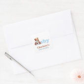 Blauwe teddybeer babyshower vierkante sticker (Envelop)