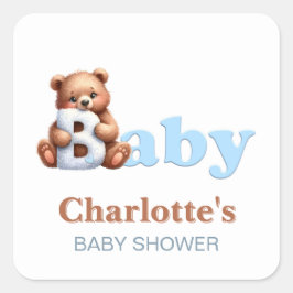 Blauwe teddybeer babyshower vierkante sticker