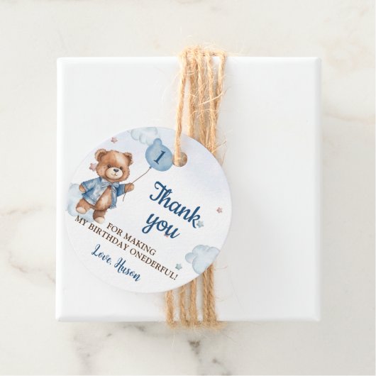 Blauwe Teddybeer ballon 1e verjaardag Bedankjes Labels (In situ)