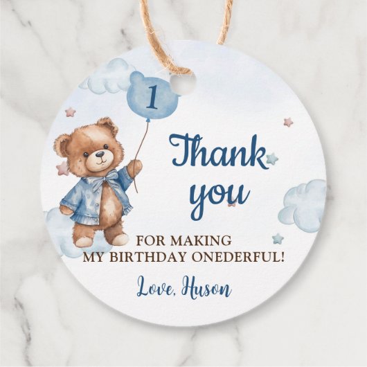 Blauwe Teddybeer ballon 1e verjaardag Bedankjes Labels (Achterkant)
