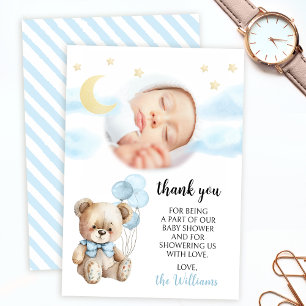 Blauwe teddybeer ballon baby jongen douche foto bedankkaart