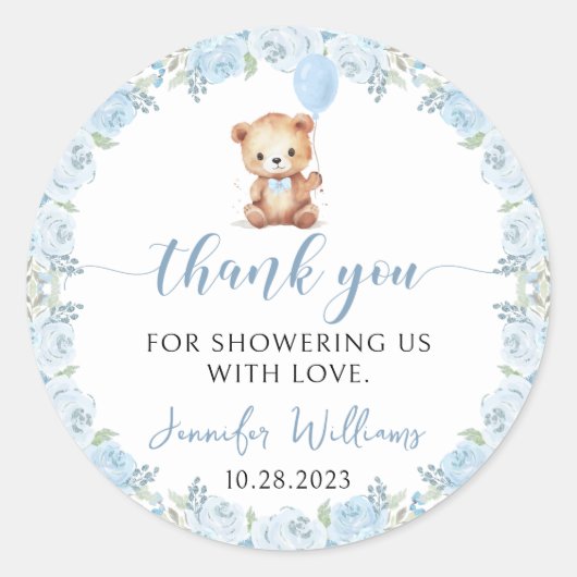 Blauwe teddybeer ballonjongen baby shower dank u ronde sticker (Voorkant)