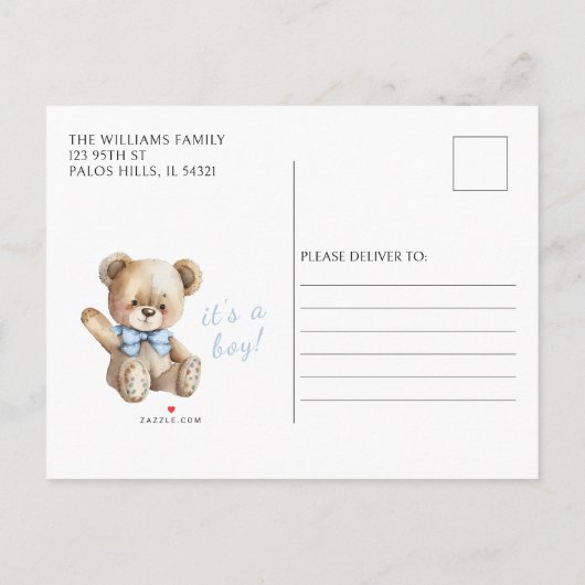 Blauwe teddybeer ballonnen baby boy douche briefka aankondigingskaart (Achterkant)