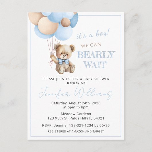 Blauwe teddybeer ballonnen baby boy douche briefka aankondigingskaart (Voorkant)