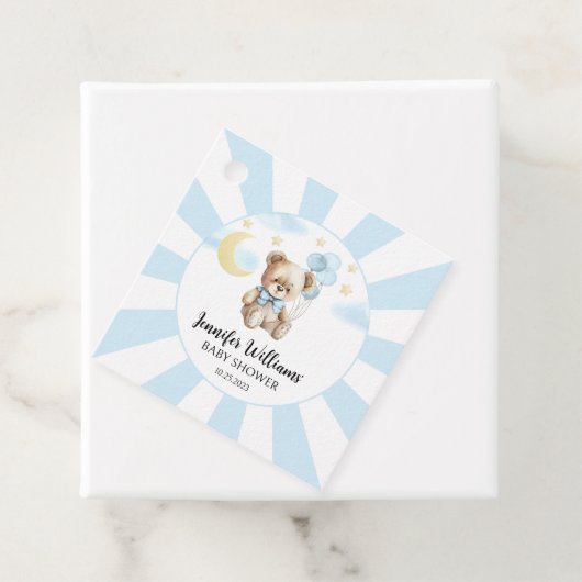 Blauwe teddybeer ballonnen baby jongen douche guns bedankjes labels (In situ)