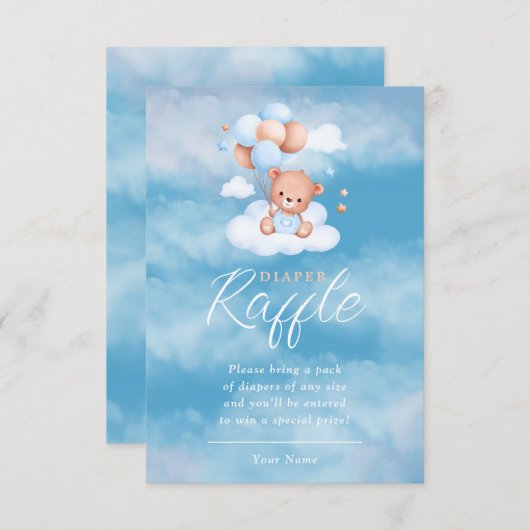 Blauwe Teddybeer ballonnen Baby luier Raffle Informatiekaartje (Voorkant / Achterkant)