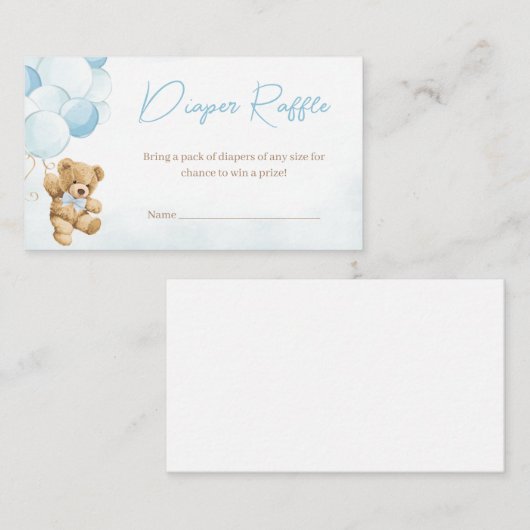 Blauwe Teddybeer ballonnen Baby shower luier Raffl Informatiekaartje (Voorkant / Achterkant)