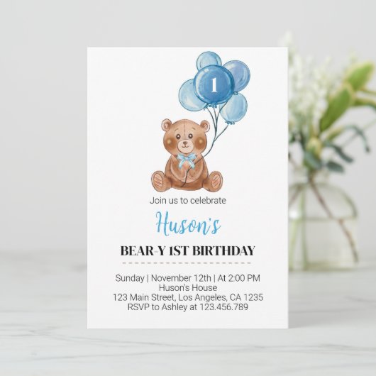 Blauwe Teddybeer ballonnen eerste verjaardag uitno Kaart (Staand voorkant)