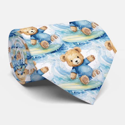 Blauwe Teddybeer die Surft Stropdas (Opgerold)