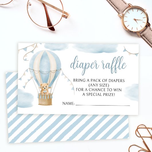Blauwe teddybeer hete luchtballon luier loterij informatiekaartje