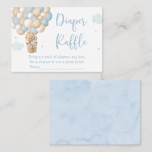 Blauwe Teddybeer Hete Luchtballon Luier Raffle Informatiekaartje (Voorkant / Achterkant)