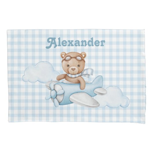 Blauwe teddybeer in het vliegtuig kussensloop (Voorkant)