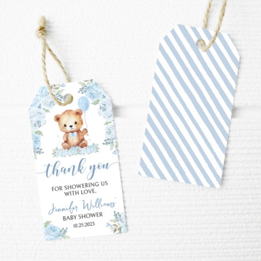 Blauwe teddybeer jongen baby shower dank u labels cadeaulabel