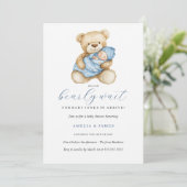 Blauwe Teddybeer Jongen Babyshower Uitnodiging (Staand voorkant)