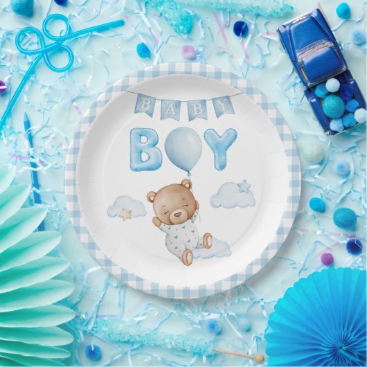 Blauwe Teddybeer met ballon Baby shower Papieren Bordje (Feest)