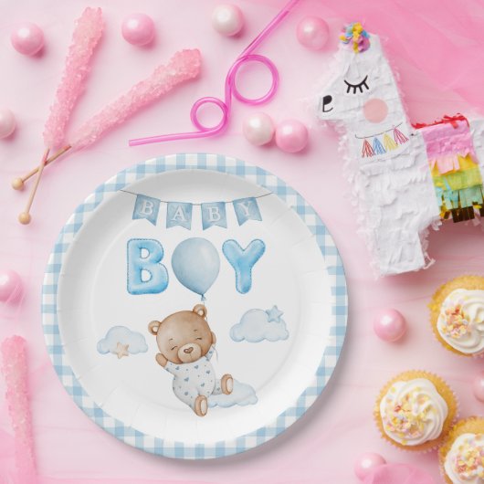 Blauwe Teddybeer met ballon Baby shower Papieren Bordje