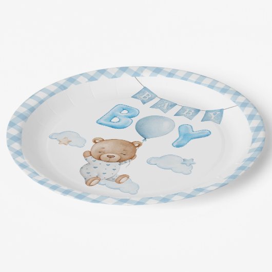 Blauwe Teddybeer met ballon Baby shower Papieren Bordje (Gekanteld)