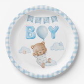Blauwe Teddybeer met ballon Baby shower Papieren Bordje (Voorkant)