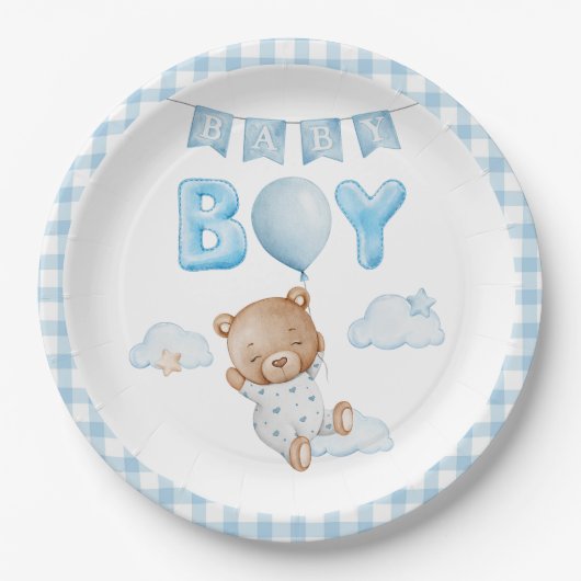 Blauwe Teddybeer met ballon Baby shower Papieren Bordje