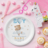 Blauwe Teddybeer met ballon Baby shower Papieren Bordje (Feest)