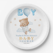 Blauwe Teddybeer met ballon Baby shower Papieren Bordje (Voorkant)