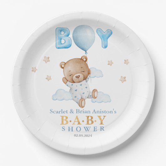 Blauwe Teddybeer met ballon Baby shower Papieren Bordje (Voorkant)
