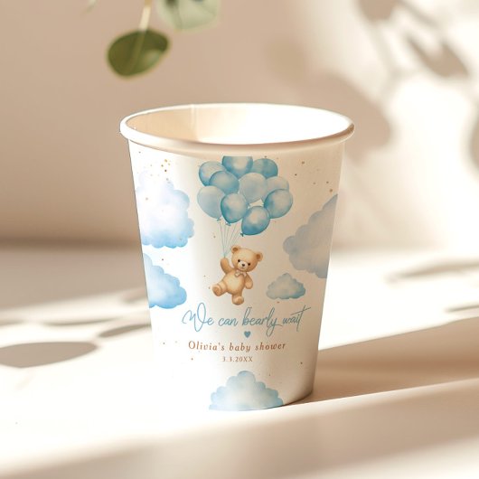 Blauwe teddybeer met ballonnen baby shower papieren bekers