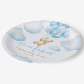 Blauwe teddybeer met ballonnen baby shower papieren bordje (Gekanteld)