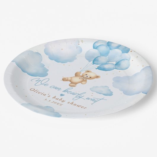 Blauwe teddybeer met ballonnen baby shower papieren bordje (Gekanteld)