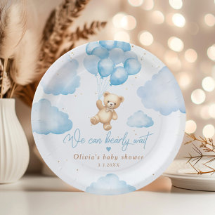 Blauwe teddybeer met ballonnen baby shower papieren bordje