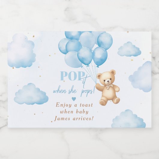 Blauwe teddybeer met ballonnen baby shower sparkling wijnetiket (Enkel label)