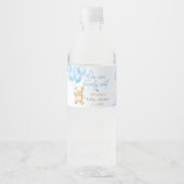 Blauwe teddybeer met ballonnen baby shower waterfles etiket (Voorkant)
