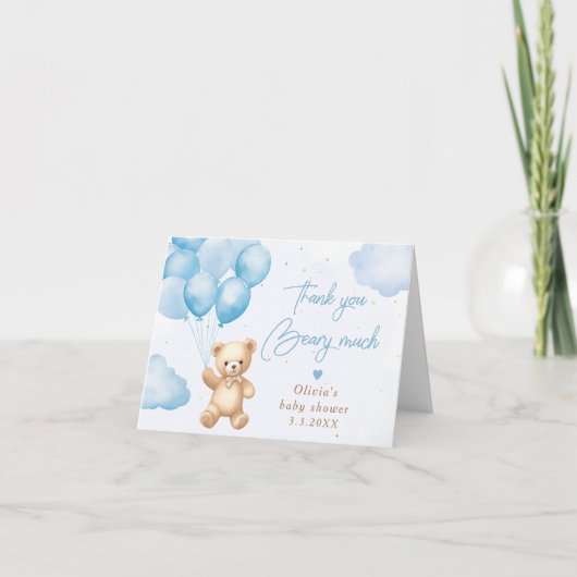 Blauwe teddybeer met ballonnen Dank je kaart (Voorkant)