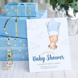 Blauwe teddybeer met sterballon jongens baby showe kaart