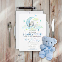 Blauwe teddybeer op maan aquarel babyshower