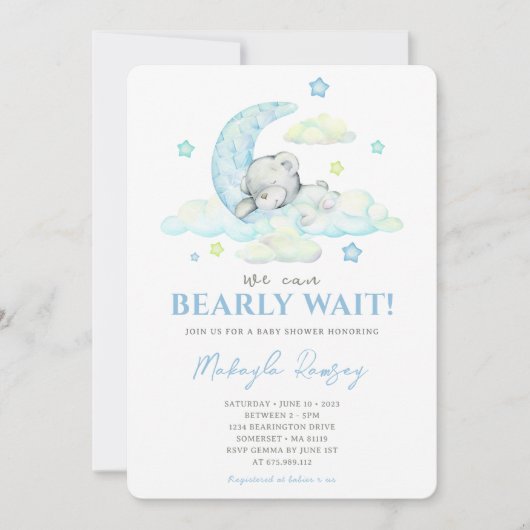 Blauwe teddybeer op maan aquarel babyshower kaart (Voorkant)