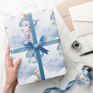 Blauwe teddybeer op walvisjongen baby shower cadeaupapier