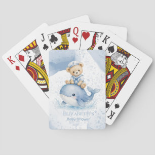 Blauwe teddybeer op walvisjongen baby shower pokerkaarten