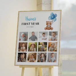 Blauwe Teddybeer Verjaardag Foto Mijlpaal teken Poster