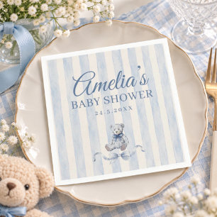Blauwe teddybeer watercolor strepen babyshower servet