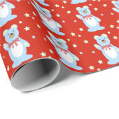 Blauwe teddyberen op rode achtergrond cadeaupapier (Rol Hoek)